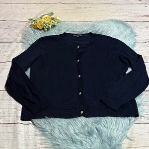 Adrianna Papell Midnight Blue Pearl Embellished Button Cardigan Sweater sz M